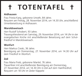 Anzeige von Totentafel vom 26-11-2014 von MGO