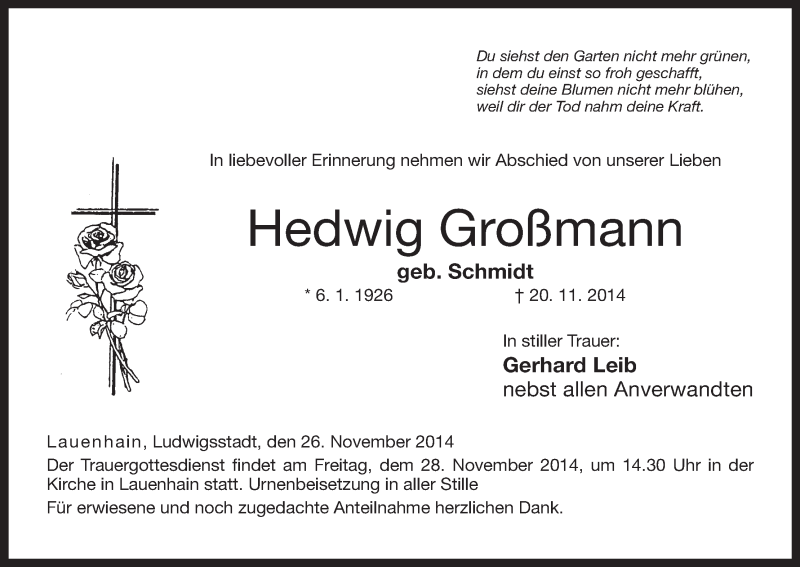  Traueranzeige für Hedwig Großmann vom 26.11.2014 aus MGO
