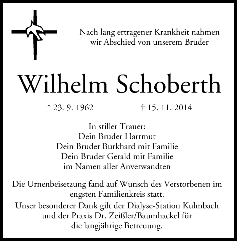  Traueranzeige für Wilhelm Schoberth vom 28.11.2014 aus MGO