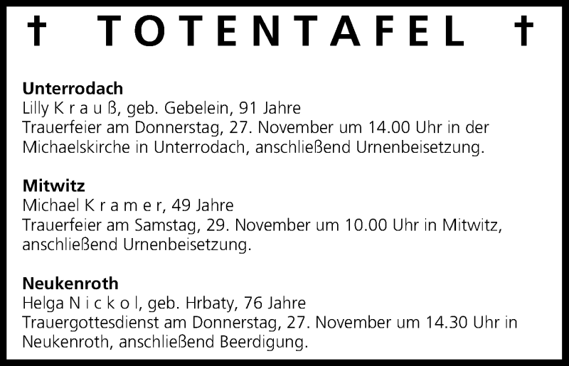  Traueranzeige für Totentafel vom 26.11.2014 vom 26.11.2014 aus MGO