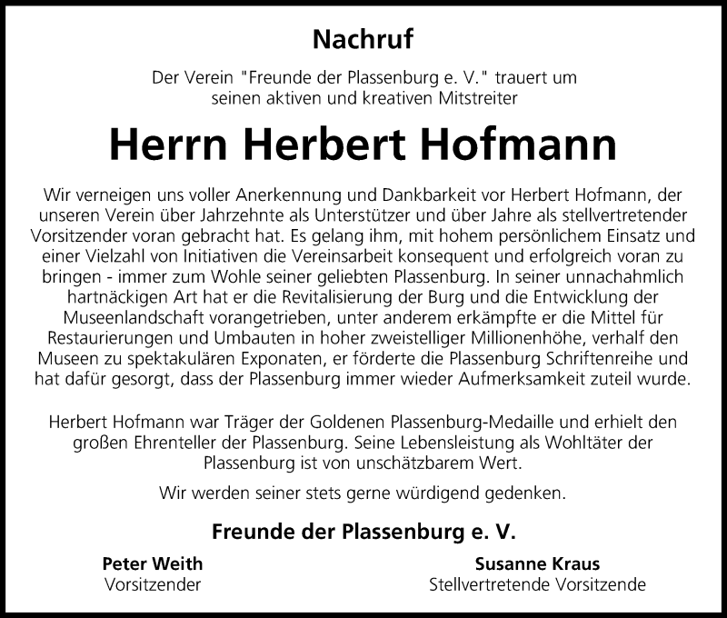  Traueranzeige für Herbert Hofmann vom 26.11.2014 aus MGO