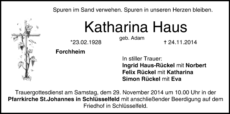  Traueranzeige für Katharina Haus vom 26.11.2014 aus MGO
