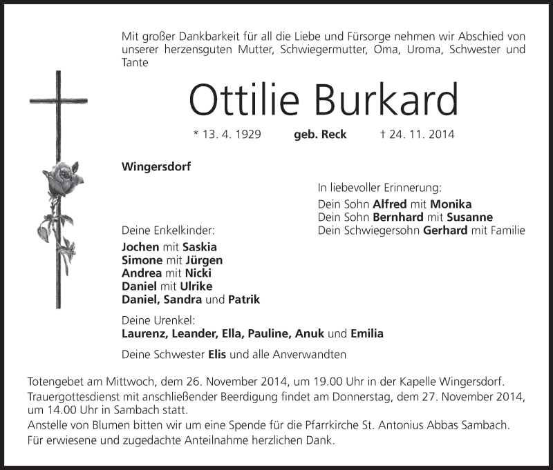  Traueranzeige für Ottilie Burkard vom 26.11.2014 aus MGO
