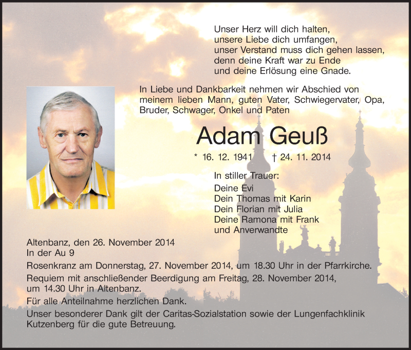  Traueranzeige für Adam Geuß vom 26.11.2014 aus MGO