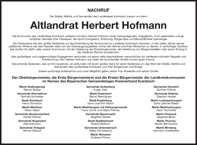  Traueranzeige für Herbert Hofmann vom 26.11.2014 aus MGO