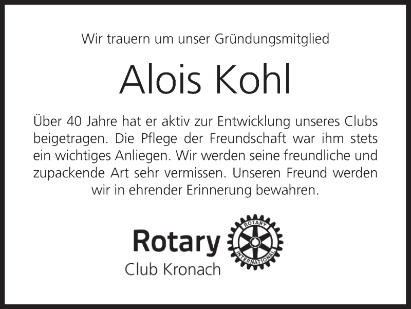  Traueranzeige für Alois Kohl vom 27.11.2014 aus MGO