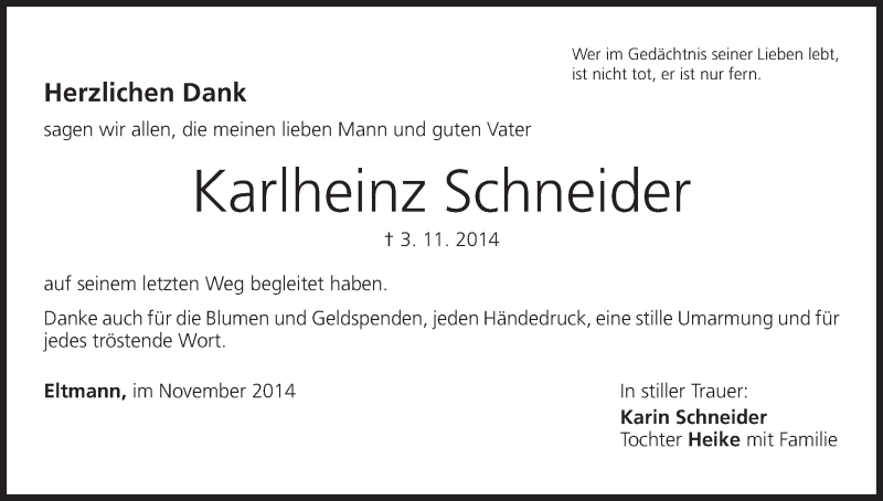  Traueranzeige für Karlheinz Schneider vom 29.11.2014 aus MGO