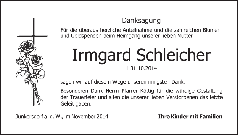  Traueranzeige für Irmgard Schleicher vom 29.11.2014 aus MGO