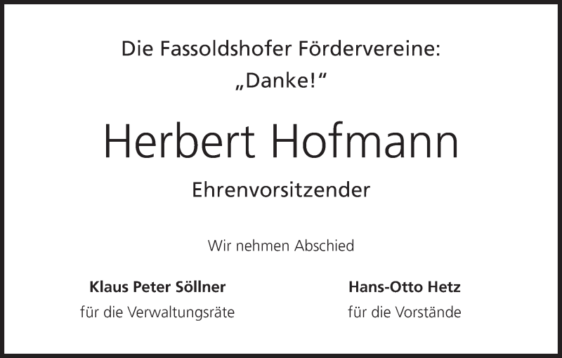  Traueranzeige für Herbert Hofmann vom 27.11.2014 aus MGO