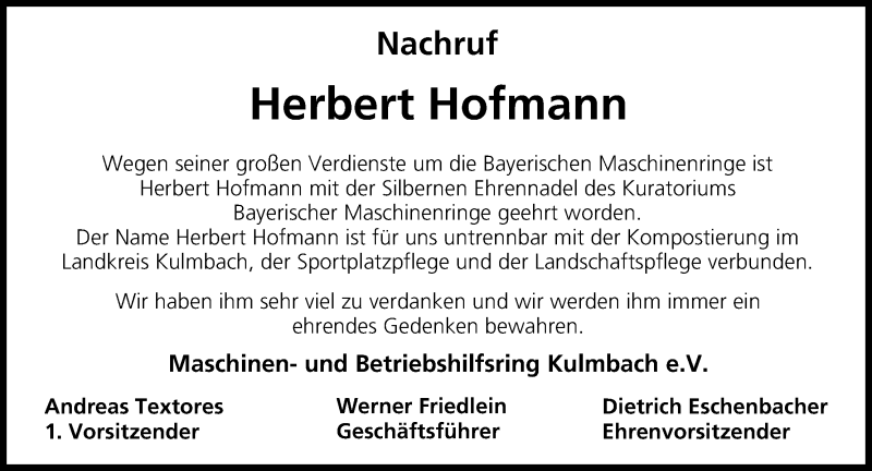  Traueranzeige für Herbert Hofmann vom 27.11.2014 aus MGO