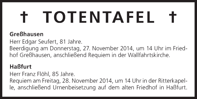  Traueranzeige für Totentafel vom 27.11.2014 vom 27.11.2014 aus MGO