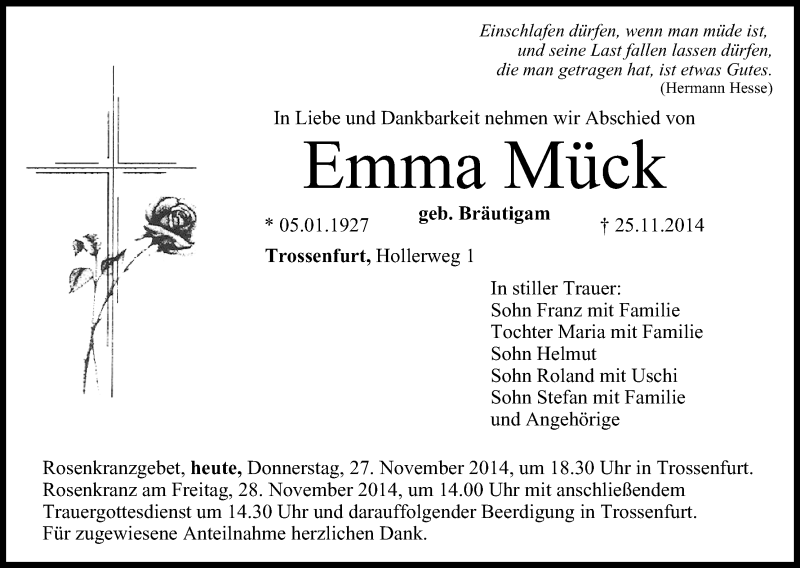  Traueranzeige für Emma Mück vom 27.11.2014 aus MGO