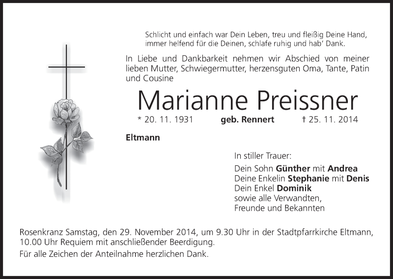  Traueranzeige für Marianne Preissner vom 27.11.2014 aus MGO