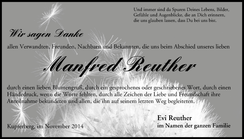  Traueranzeige für Manfred Reuther vom 29.11.2014 aus MGO