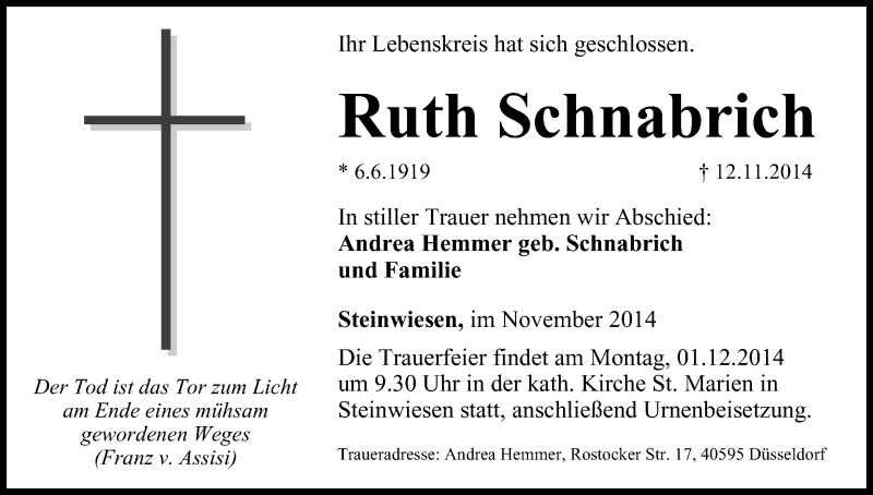  Traueranzeige für Ruth Schnabrich vom 28.11.2014 aus MGO
