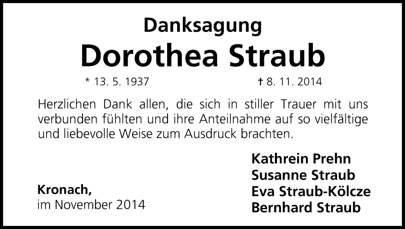  Traueranzeige für Dorothea Straub vom 29.11.2014 aus MGO
