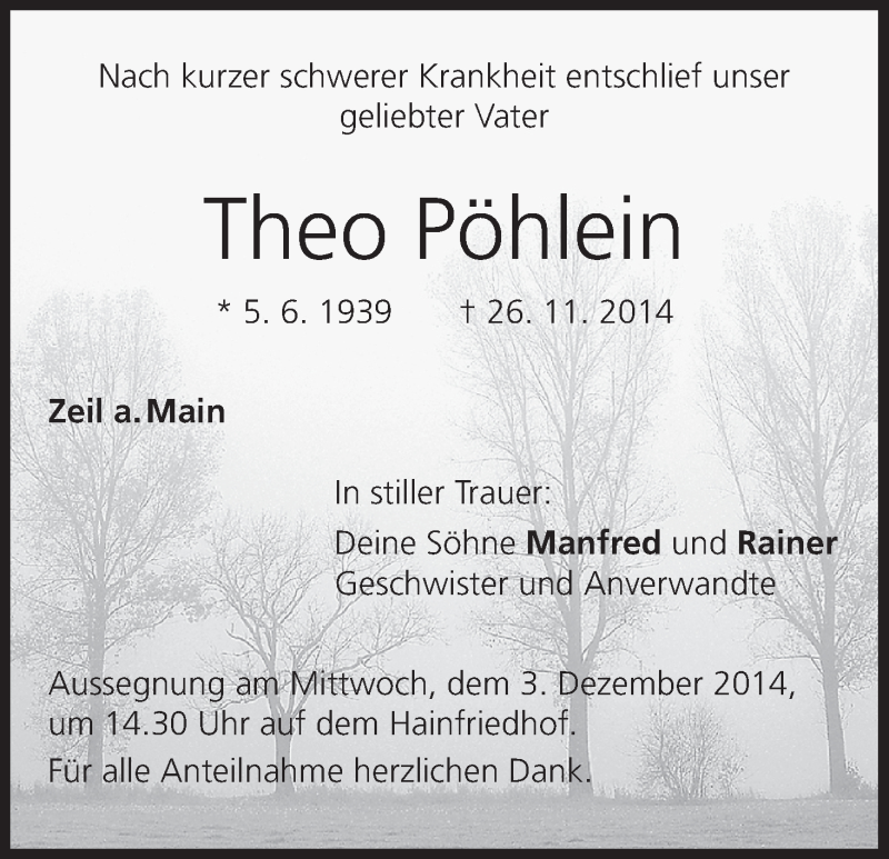  Traueranzeige für Theo Pöhlein vom 29.11.2014 aus MGO