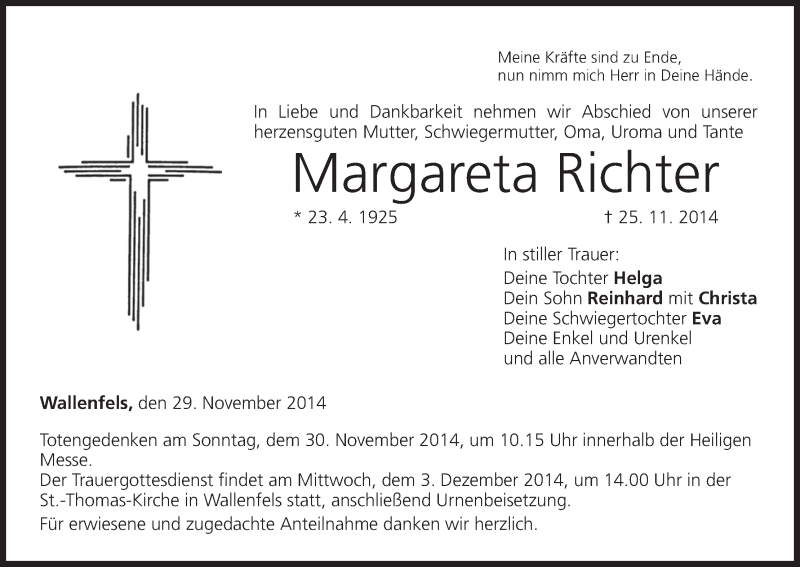  Traueranzeige für Margareta Richter vom 29.11.2014 aus MGO