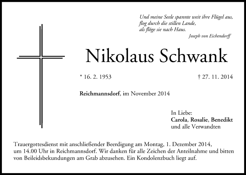  Traueranzeige für Nikolaus Schwank vom 29.11.2014 aus MGO