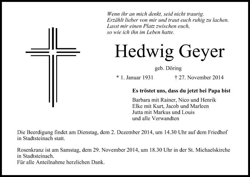  Traueranzeige für Hedwig Geyer vom 29.11.2014 aus MGO