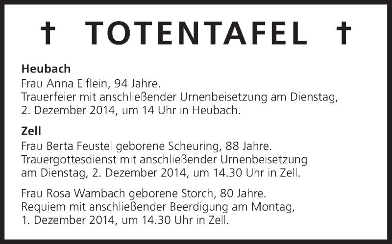  Traueranzeige für Totentafel vom 29.11.2014 vom 29.11.2014 aus MGO