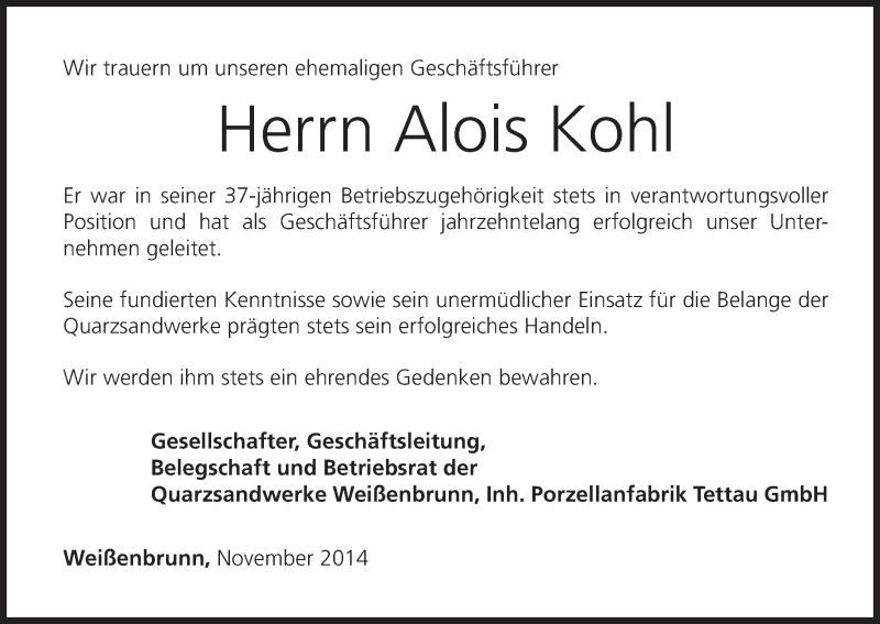  Traueranzeige für Alois Kohl vom 29.11.2014 aus MGO