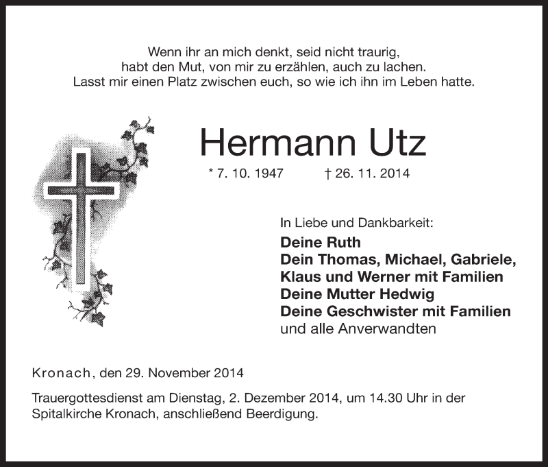  Traueranzeige für Hermann Utz vom 29.11.2014 aus MGO