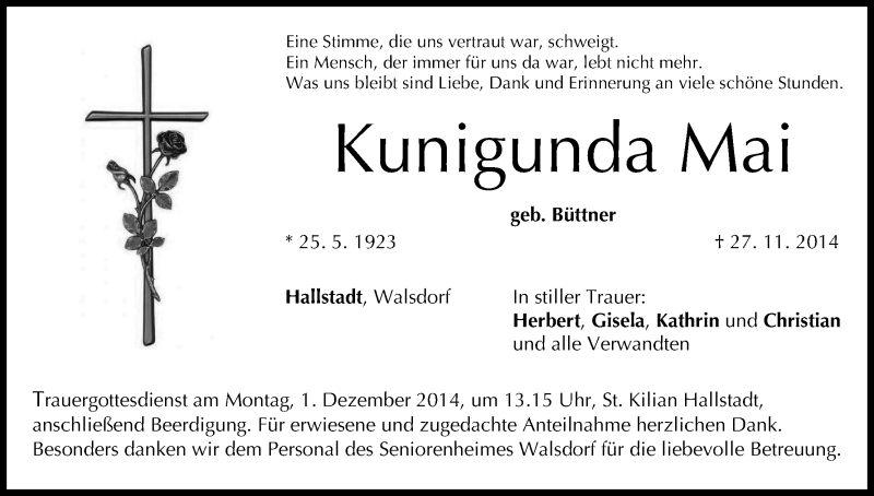  Traueranzeige für Kunigunda Mai vom 29.11.2014 aus MGO