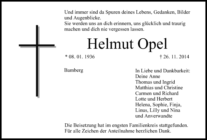  Traueranzeige für Helmut Opel vom 03.12.2014 aus MGO