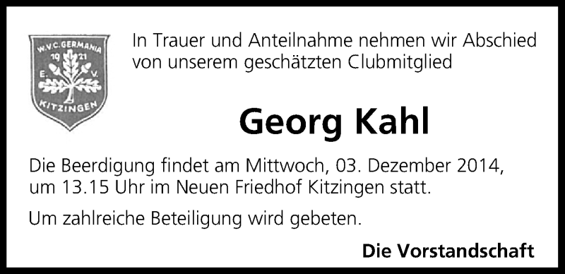 Traueranzeige für Georg Kahl vom 02.12.2014 aus MGO