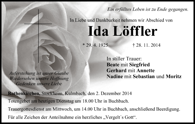  Traueranzeige für Ida Löffler vom 02.12.2014 aus MGO
