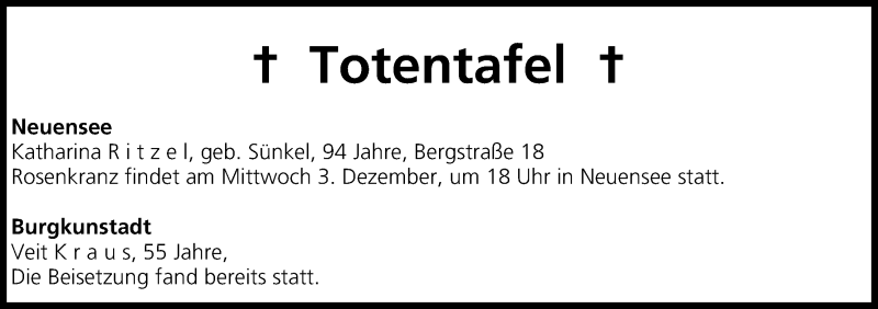 Traueranzeige für Totentafel vom 02.12.2014 vom 02.12.2014 aus MGO