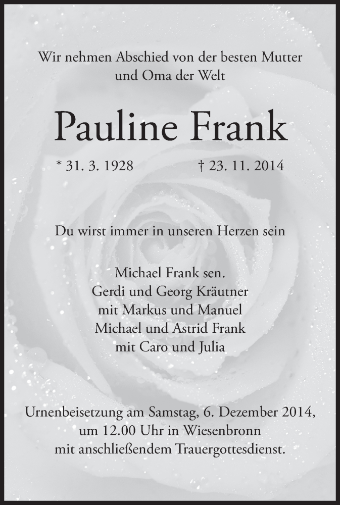  Traueranzeige für Pauline Frank vom 03.12.2014 aus MGO