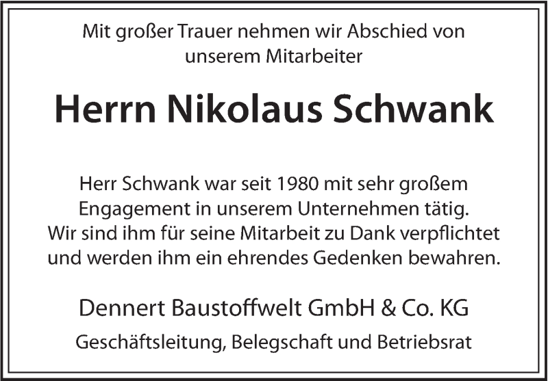  Traueranzeige für Nikolaus Schwank vom 02.12.2014 aus MGO