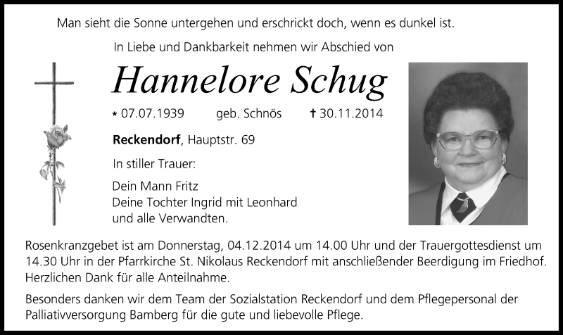  Traueranzeige für Hannelore Schug vom 02.12.2014 aus MGO