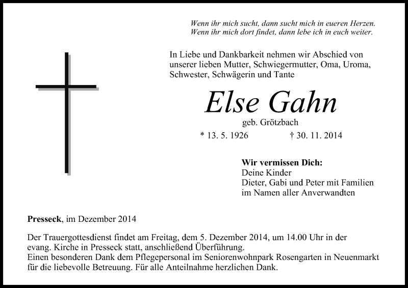  Traueranzeige für Else Gahn vom 03.12.2014 aus MGO
