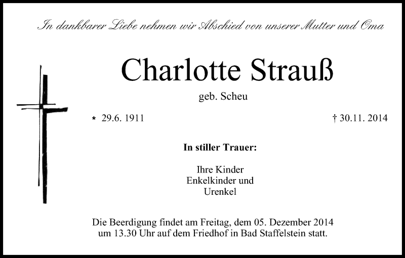  Traueranzeige für Charlotte Strauß vom 03.12.2014 aus MGO