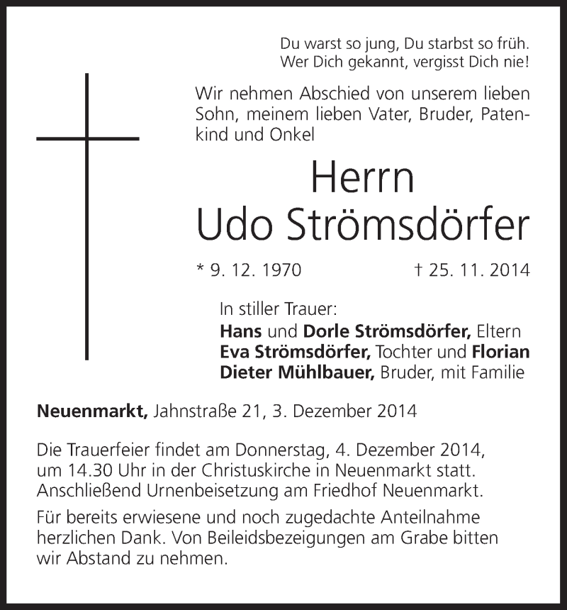  Traueranzeige für Udo Strömsdörfer vom 04.12.2014 aus MGO