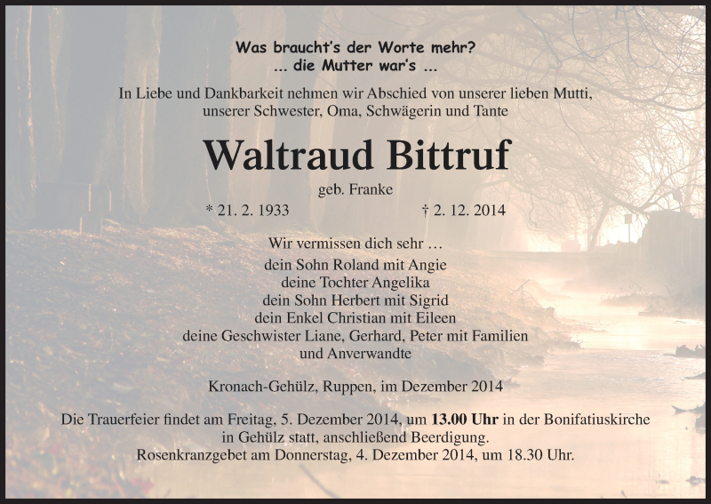  Traueranzeige für Waltraud Bittruf vom 03.12.2014 aus MGO