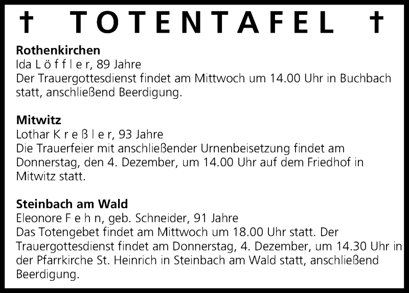 Traueranzeige für Totentafel vom 03.12.2014 vom 03.12.2014 aus MGO