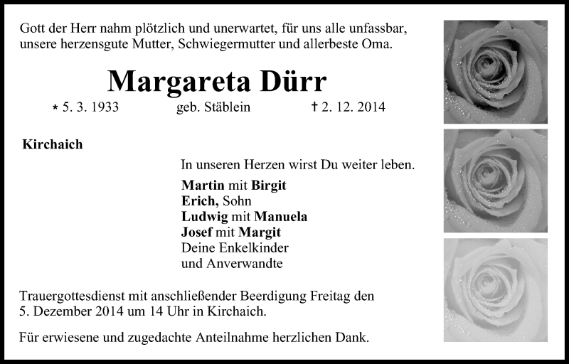  Traueranzeige für Margareta Dürr vom 03.12.2014 aus MGO