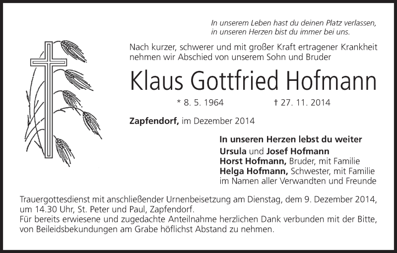  Traueranzeige für Klaus Gottfried Hofmann vom 06.12.2014 aus MGO