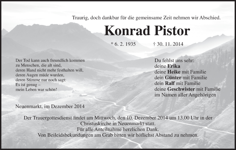  Traueranzeige für Konrad Pistor vom 06.12.2014 aus MGO