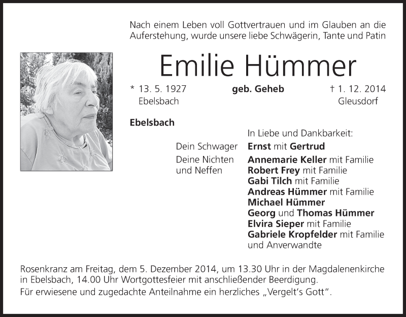  Traueranzeige für Emilie Hümmer vom 04.12.2014 aus MGO