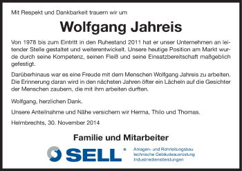Anzeige von Wolfgang Jahreis von MGO
