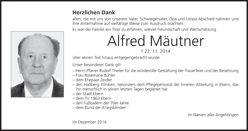  Traueranzeige für Alfred Mäutner vom 06.12.2014 aus MGO