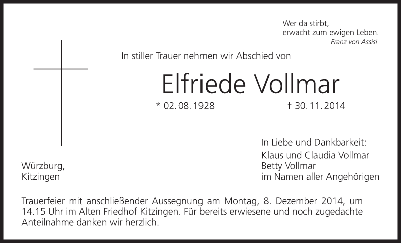  Traueranzeige für Elfriede Vollmar vom 06.12.2014 aus MGO