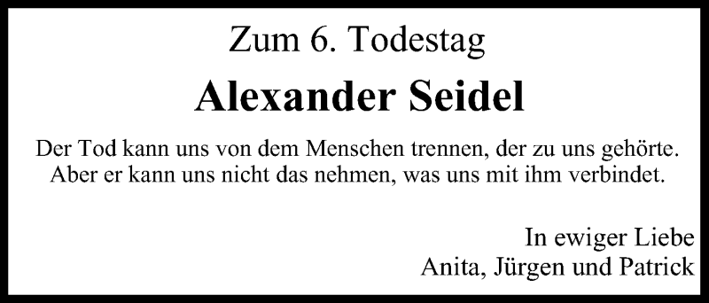  Traueranzeige für Alexander Seidel vom 06.12.2014 aus MGO