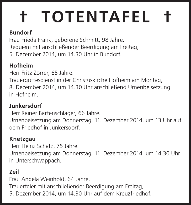  Traueranzeige für Totentafel vom 05.12.2014 vom 05.12.2014 aus MGO