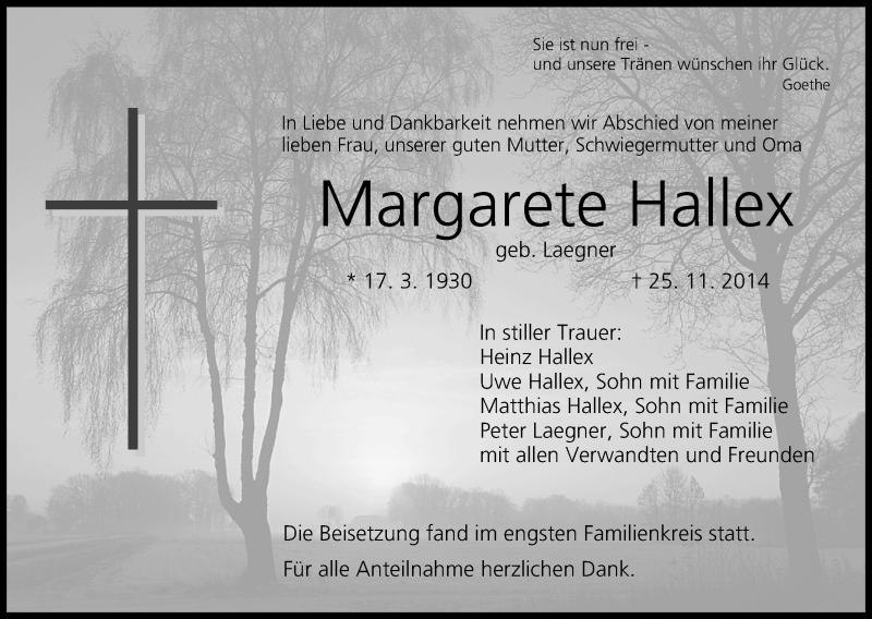  Traueranzeige für Margarete Hallex vom 13.12.2014 aus MGO
